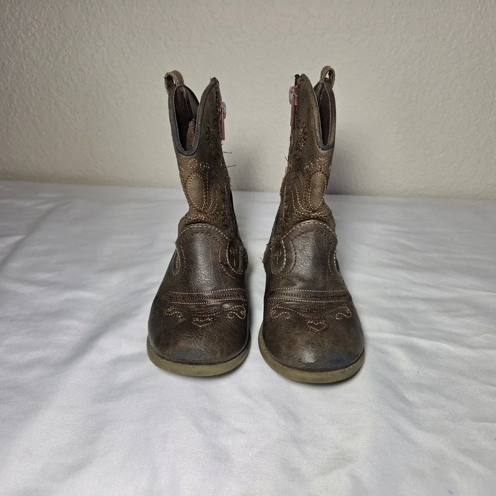 Toddler Brown Faux Leather Western Cowboy Boots Floral Embroidery Size 10 S1621